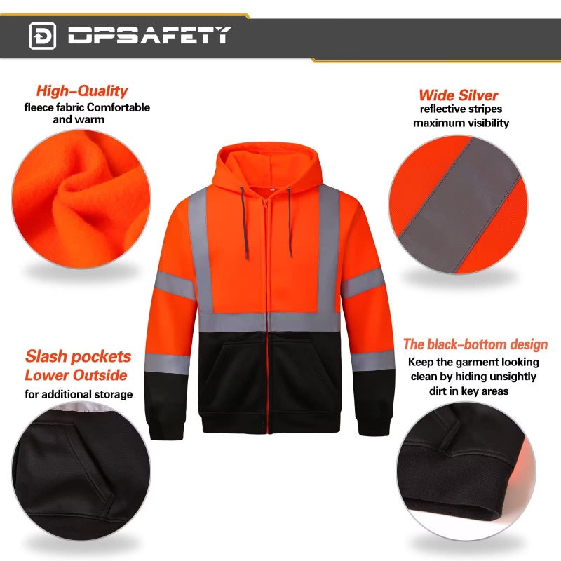 DPSAFETY High visibility Hoodie for Men,Class3 Hi Vis Hoodie with Zipper,Reflective Hooded Hood,Construction work Safety Sweatshirt with Large front Pocket for Men/Women Black Bottom 5XL - Image 2